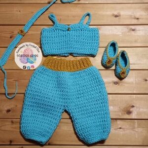 Handmade Blue and Gold Crochet Baby Outfit
